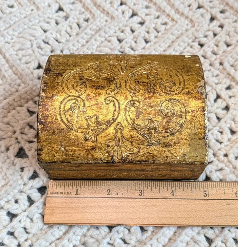 Vintage Florentine Wood Jewelry Box Gold Gilt Domed Trinket Chest Made in Italy
